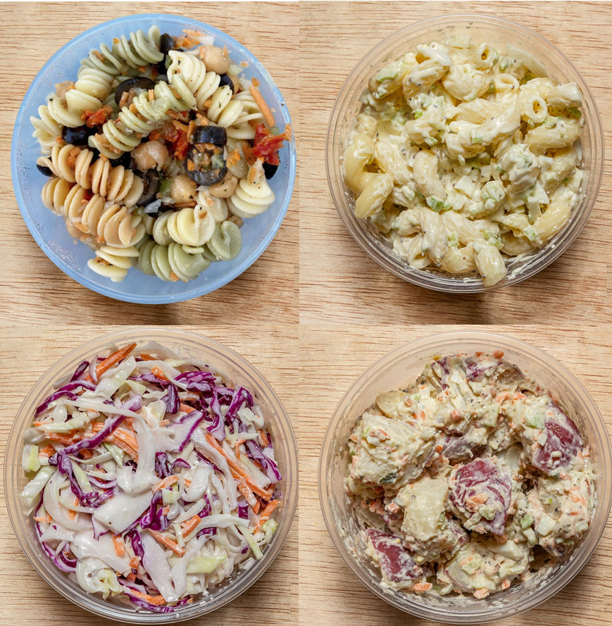 Campo's pasta salad, macaroni salad, potato salad, cole slaw